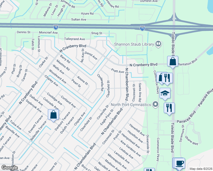 map of restaurants, bars, coffee shops, grocery stores, and more near 4041 Clearfield Street in North Port