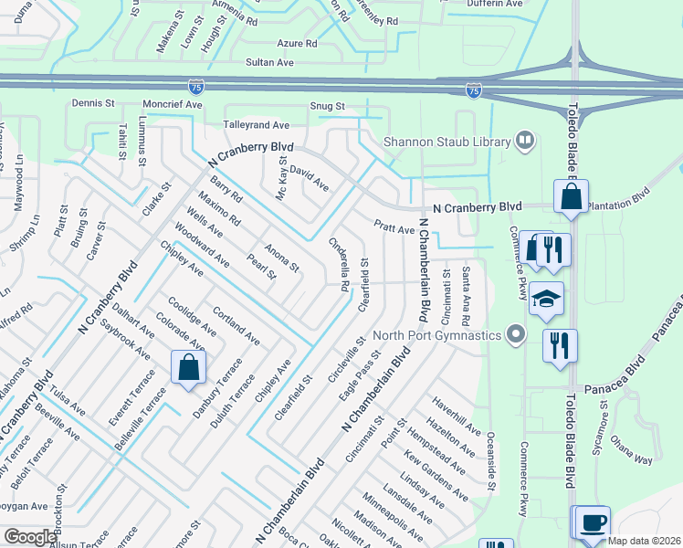 map of restaurants, bars, coffee shops, grocery stores, and more near 2666 Barry Road in North Port