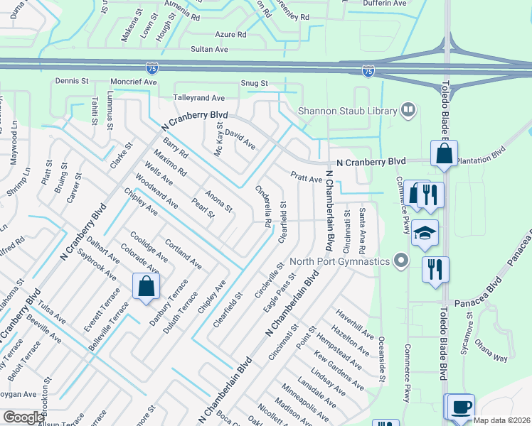 map of restaurants, bars, coffee shops, grocery stores, and more near 2666 Barry Road in North Port