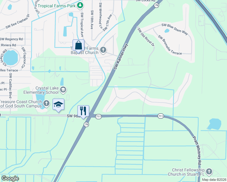 map of restaurants, bars, coffee shops, grocery stores, and more near 1590 Southwest Balmoral Trce in Stuart