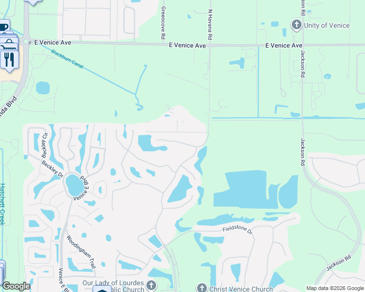 map of restaurants, bars, coffee shops, grocery stores, and more near 537 Fallbrook Drive in Venice