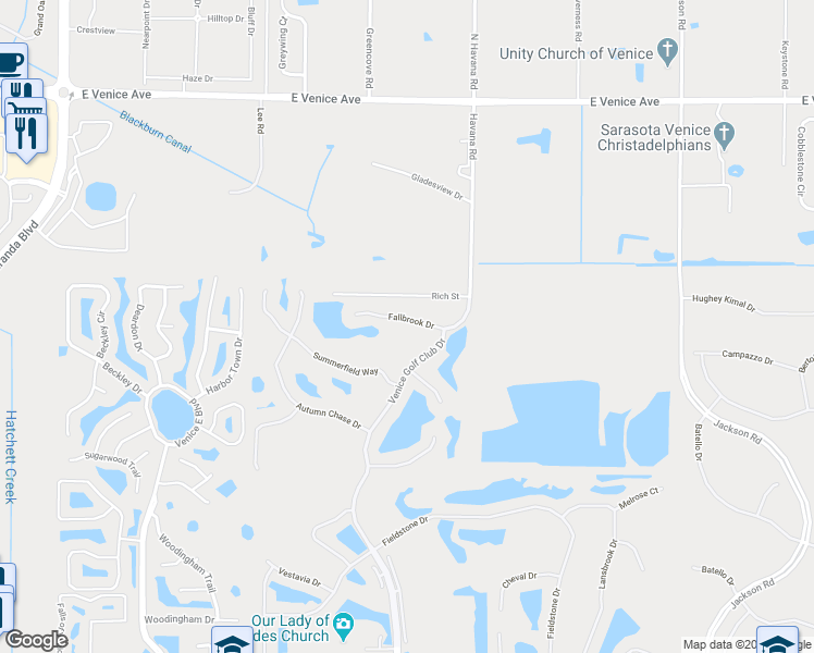 map of restaurants, bars, coffee shops, grocery stores, and more near 537 Fallbrook Drive in Venice