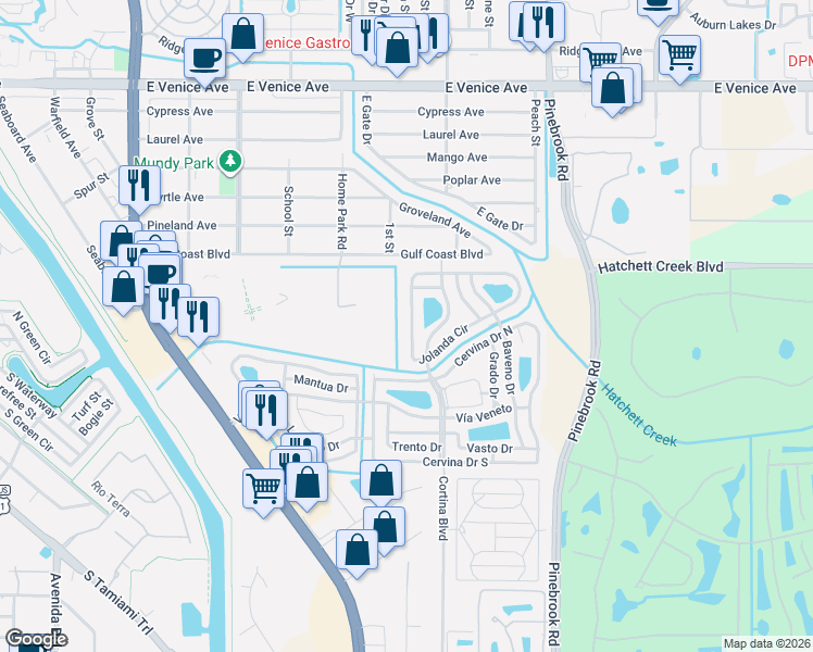 map of restaurants, bars, coffee shops, grocery stores, and more near 987 Jolanda Circle in Venice
