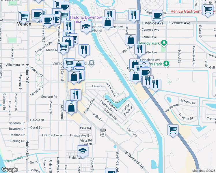 map of restaurants, bars, coffee shops, grocery stores, and more near 745 North Green Circle in Venice