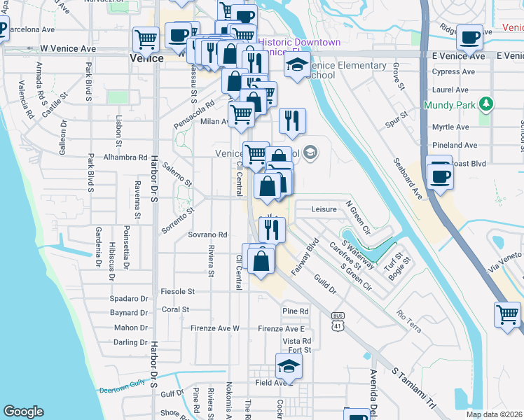 map of restaurants, bars, coffee shops, grocery stores, and more near 545 Bahama Street in Venice