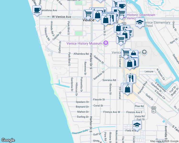 map of restaurants, bars, coffee shops, grocery stores, and more near 510 Harbor Drive South in Venice
