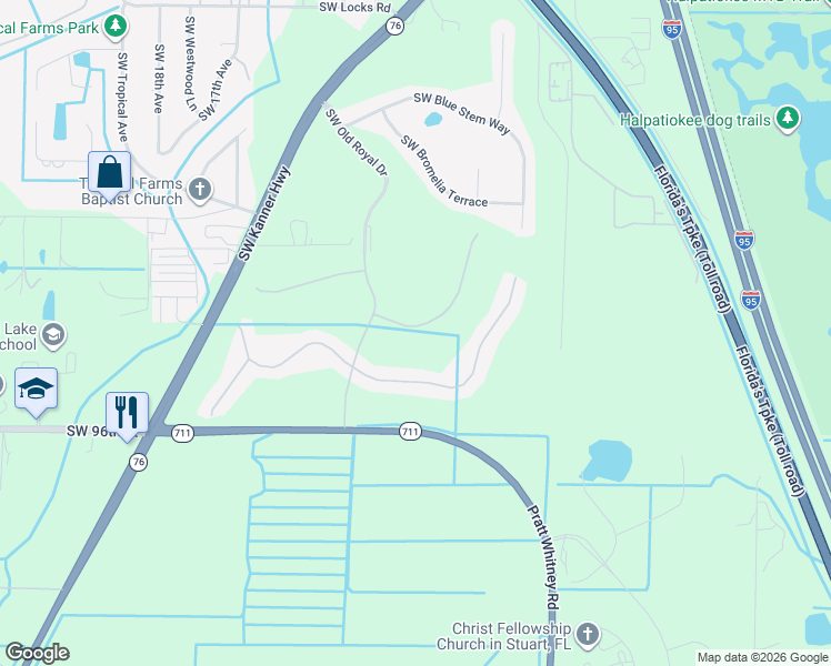 map of restaurants, bars, coffee shops, grocery stores, and more near 1068 Southwest Tamarrow Place in Stuart