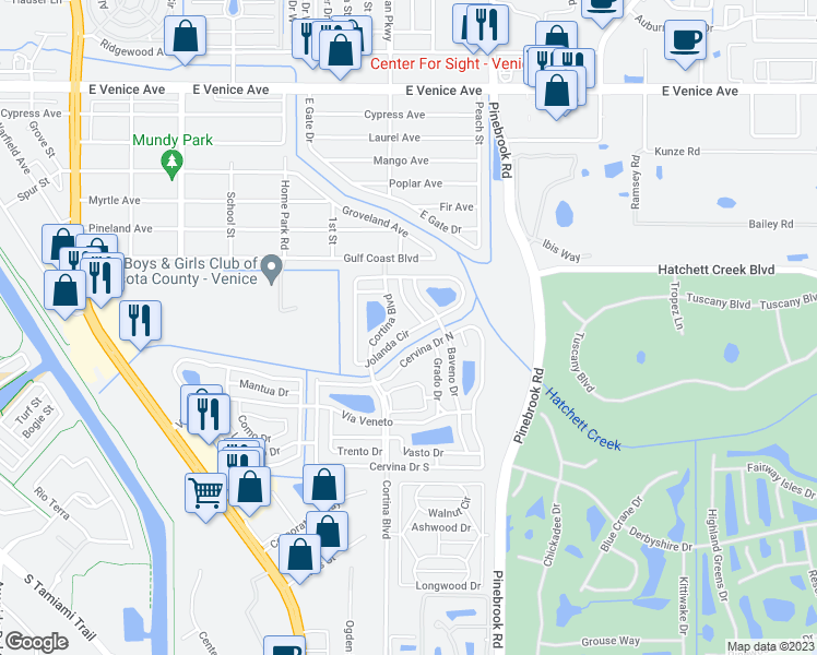 map of restaurants, bars, coffee shops, grocery stores, and more near 901 Jolanda Circle in Venice