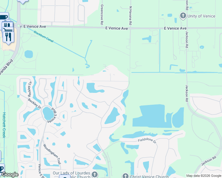 map of restaurants, bars, coffee shops, grocery stores, and more near 537 Fallbrook Drive in Venice