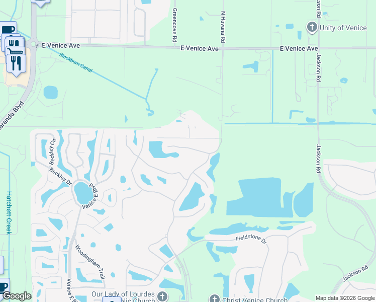 map of restaurants, bars, coffee shops, grocery stores, and more near 537 Fallbrook Drive in Venice