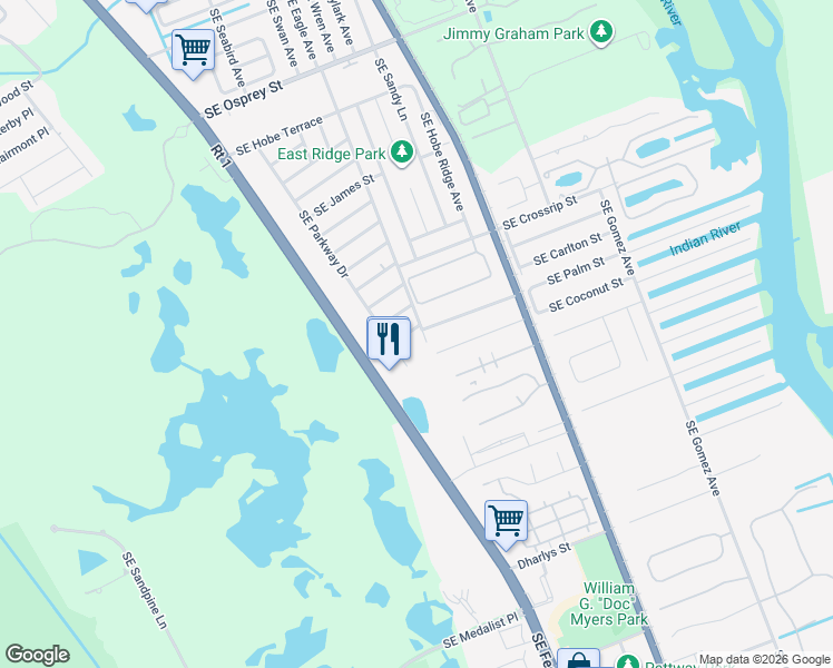map of restaurants, bars, coffee shops, grocery stores, and more near 7621 Southeast Dove Street in Hobe Sound