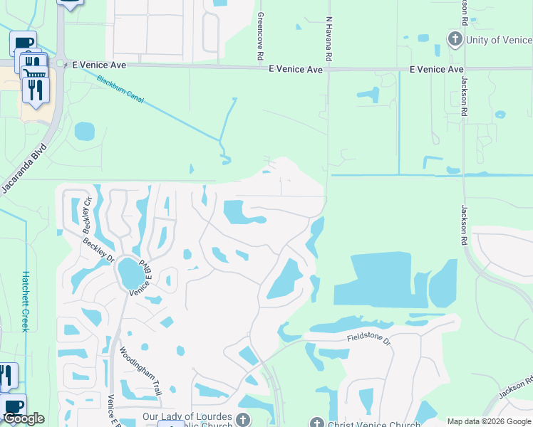 map of restaurants, bars, coffee shops, grocery stores, and more near 555 Fallbrook Drive in Venice