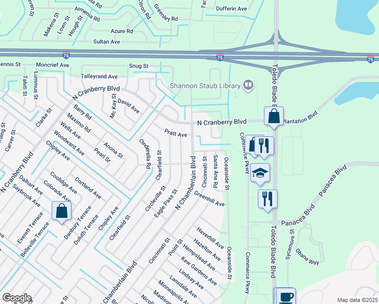 map of restaurants, bars, coffee shops, grocery stores, and more near 4197 North Chamberlain Boulevard in North Port