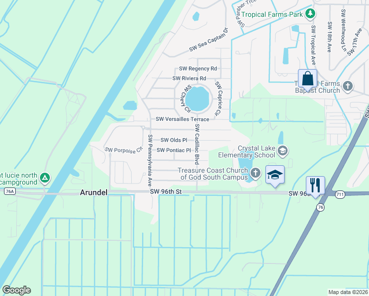 map of restaurants, bars, coffee shops, grocery stores, and more near 2705 Southwest Pontiac Place in Stuart