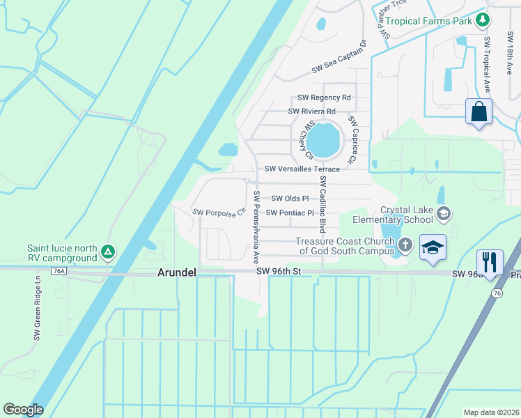 map of restaurants, bars, coffee shops, grocery stores, and more near 2889 Southwest Pontiac Place in Stuart