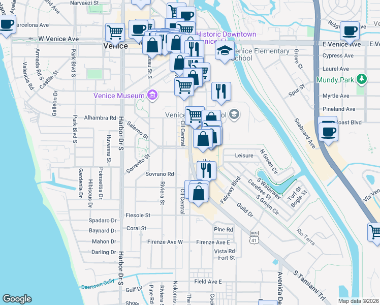 map of restaurants, bars, coffee shops, grocery stores, and more near 529 South Tamiami Trail in Venice