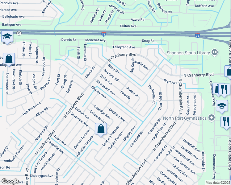 map of restaurants, bars, coffee shops, grocery stores, and more near 2830 Woodward Avenue in North Port
