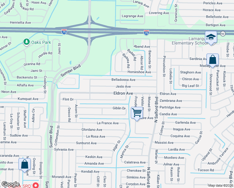 map of restaurants, bars, coffee shops, grocery stores, and more near 4514 Flint Drive in North Port