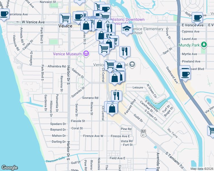 map of restaurants, bars, coffee shops, grocery stores, and more near 529 South Tamiami Trail in Venice