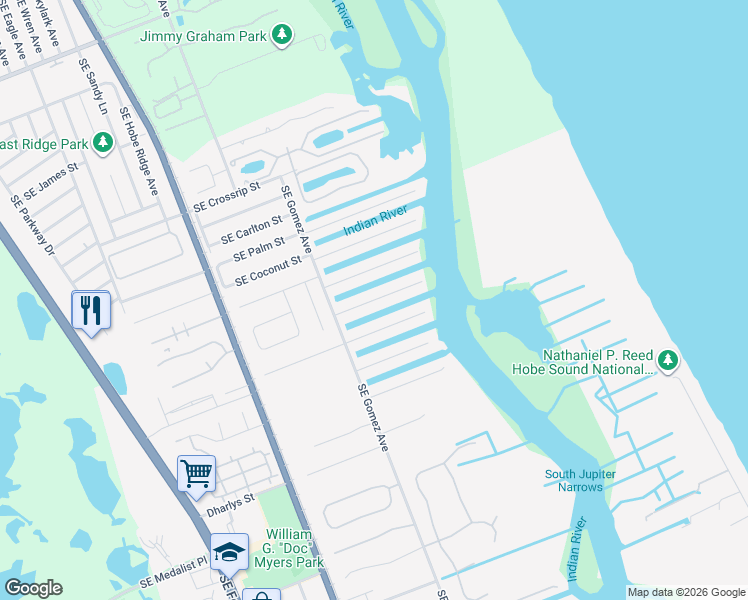 map of restaurants, bars, coffee shops, grocery stores, and more near 8474 Southeast Banyan Tree Street in Hobe Sound