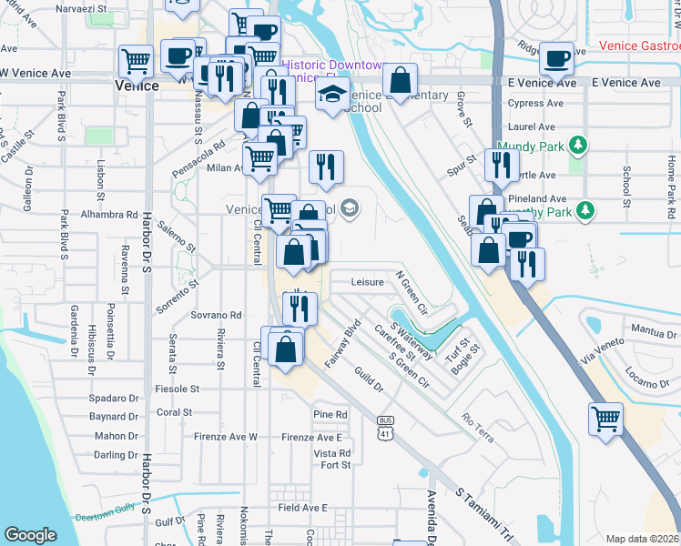 map of restaurants, bars, coffee shops, grocery stores, and more near 649 North Green Circle in Venice