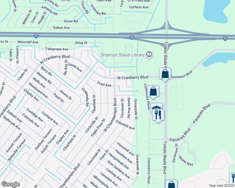 map of restaurants, bars, coffee shops, grocery stores, and more near 4197 North Chamberlain Boulevard in North Port