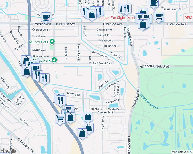 map of restaurants, bars, coffee shops, grocery stores, and more near 952 Cortina Boulevard in Venice