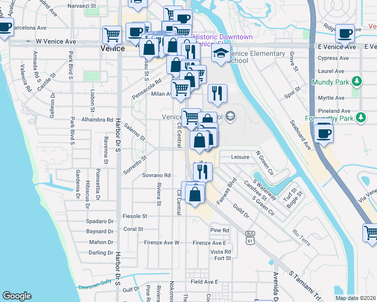 map of restaurants, bars, coffee shops, grocery stores, and more near 529 South Tamiami Trail in Venice