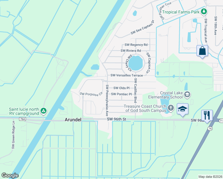 map of restaurants, bars, coffee shops, grocery stores, and more near 2889 Southwest Pontiac Place in Stuart