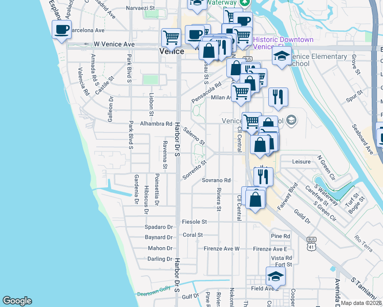 map of restaurants, bars, coffee shops, grocery stores, and more near 400 Verona Street in Venice