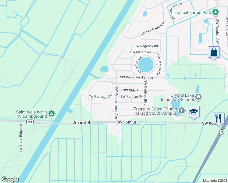 map of restaurants, bars, coffee shops, grocery stores, and more near 2889 Southwest Pontiac Place in Stuart