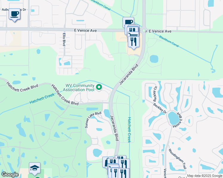 map of restaurants, bars, coffee shops, grocery stores, and more near 320 Clearbrook Circle in Venice