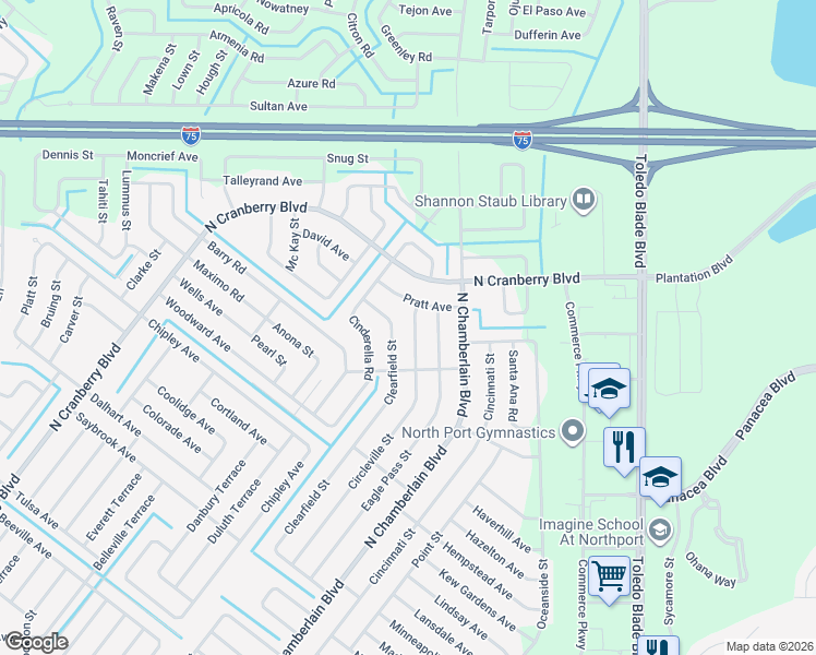 map of restaurants, bars, coffee shops, grocery stores, and more near 4079 Eagle Pass Street in North Port