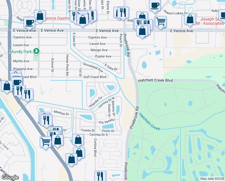 map of restaurants, bars, coffee shops, grocery stores, and more near 525 Cervina Drive North in Venice
