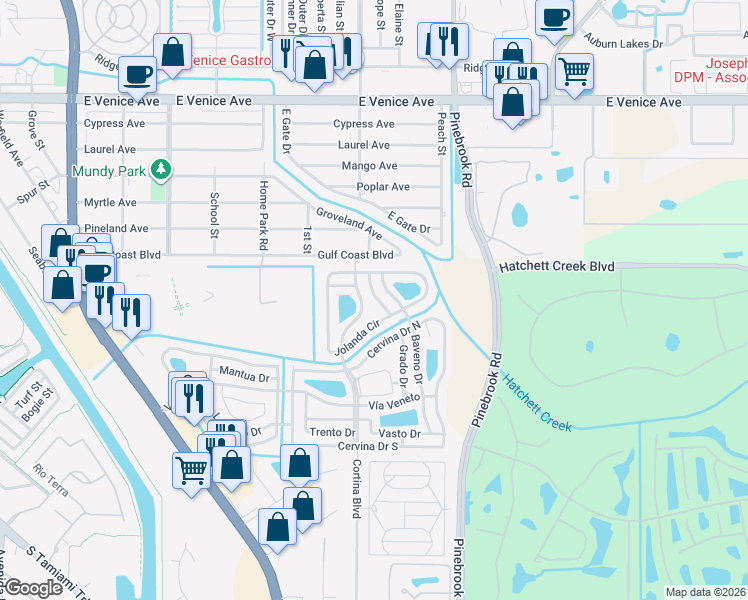 map of restaurants, bars, coffee shops, grocery stores, and more near 901 Jolanda Circle in Venice
