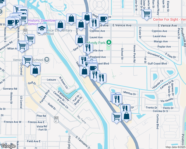 map of restaurants, bars, coffee shops, grocery stores, and more near 803 U.S. 41 Bypass in Venice