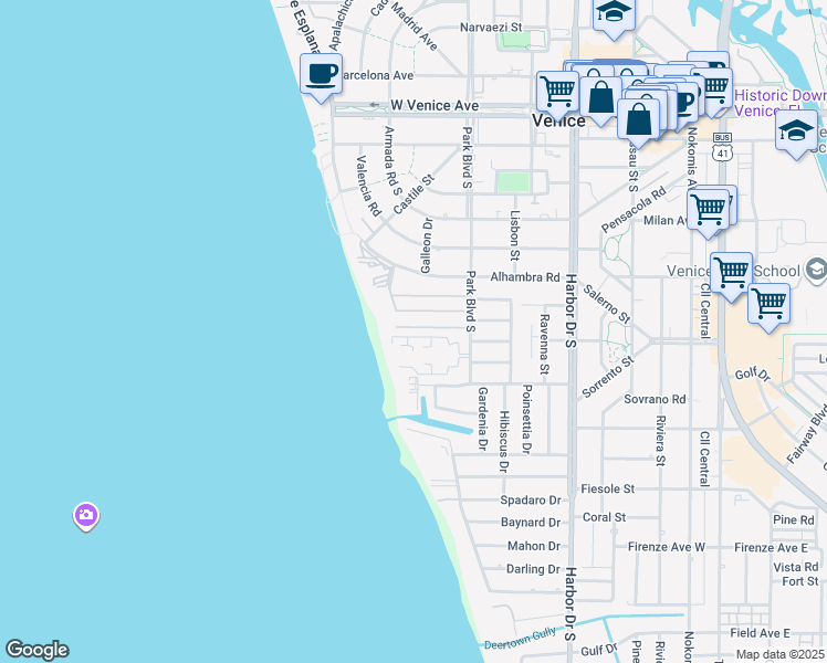 map of restaurants, bars, coffee shops, grocery stores, and more near 627 Cornwell on the Gulf in Venice