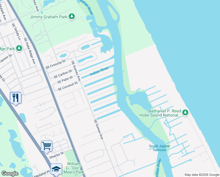 map of restaurants, bars, coffee shops, grocery stores, and more near 8573 Southeast Banyan Tree Street in Hobe Sound
