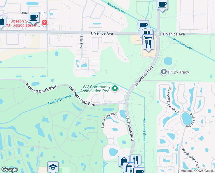 map of restaurants, bars, coffee shops, grocery stores, and more near 308 Lynbrook Circle in Venice