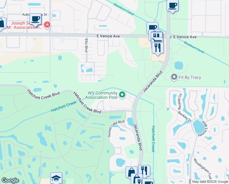 map of restaurants, bars, coffee shops, grocery stores, and more near 308 Lynbrook Circle in Venice