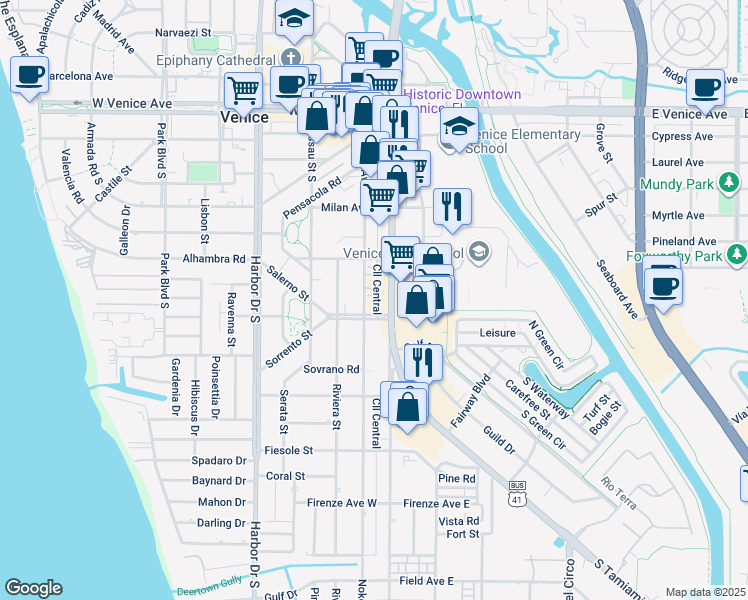 map of restaurants, bars, coffee shops, grocery stores, and more near 420 U.S. 41 Business in Venice