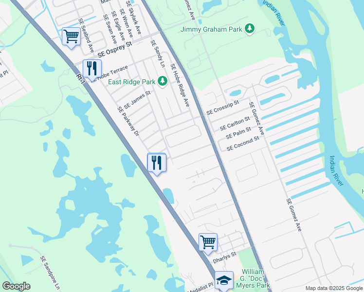 map of restaurants, bars, coffee shops, grocery stores, and more near 7727 Southeast Sugar Sand Circle in Hobe Sound