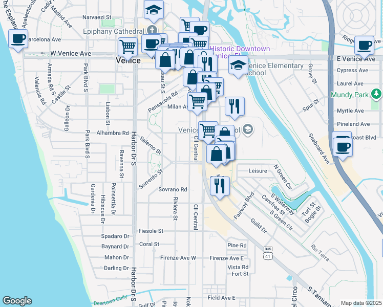 map of restaurants, bars, coffee shops, grocery stores, and more near 436 Nokomis Avenue South in Venice