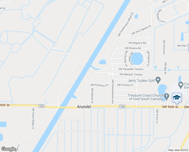 map of restaurants, bars, coffee shops, grocery stores, and more near 3368 Southwest Porpoise Circle in Stuart