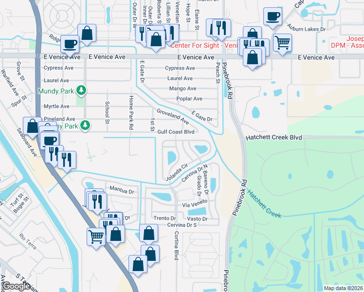 map of restaurants, bars, coffee shops, grocery stores, and more near 869 Baveno Drive in Venice