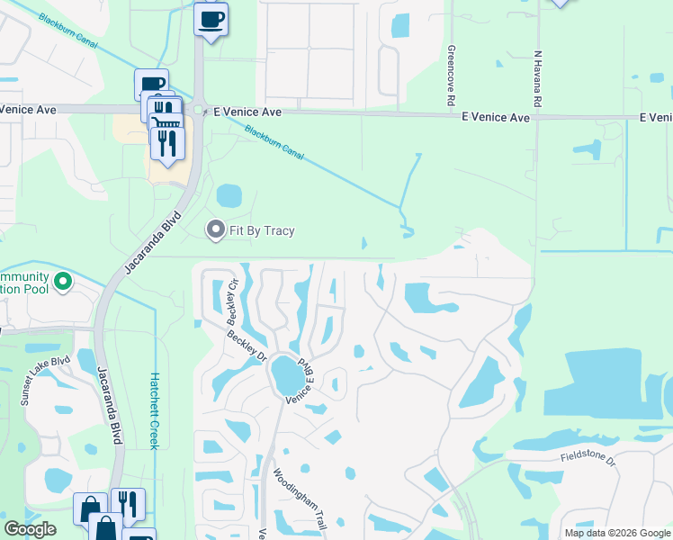 map of restaurants, bars, coffee shops, grocery stores, and more near 1275 Harbor Town Way in Venice