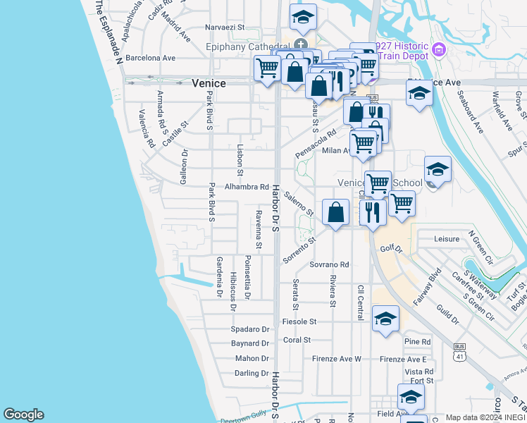 map of restaurants, bars, coffee shops, grocery stores, and more near 421 Ravenna Street in Venice