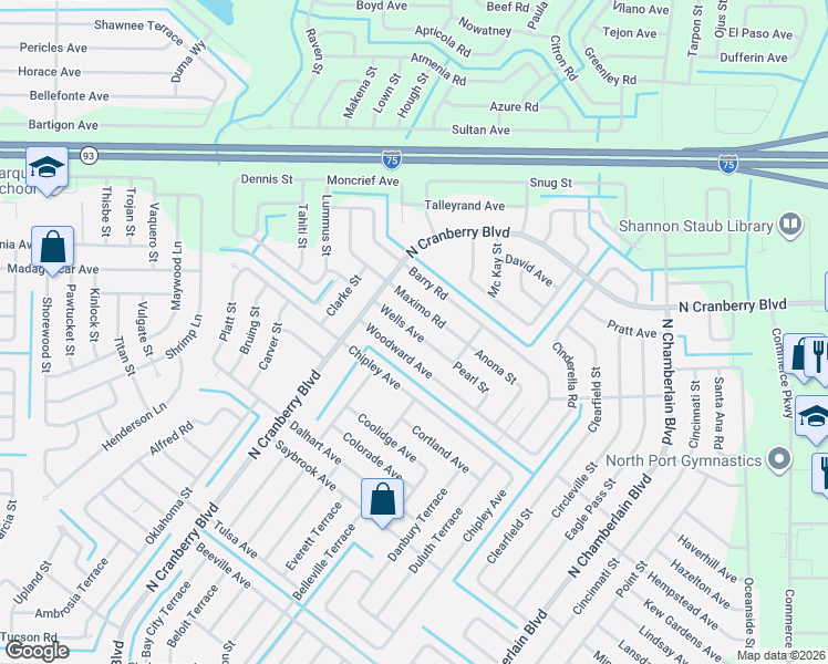map of restaurants, bars, coffee shops, grocery stores, and more near 2951 Wells Avenue in North Port
