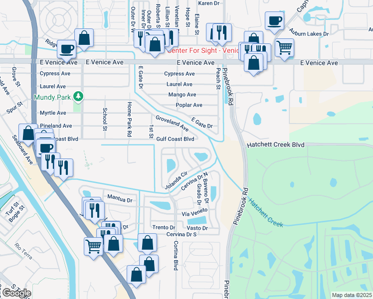 map of restaurants, bars, coffee shops, grocery stores, and more near 869 Baveno Drive in Venice