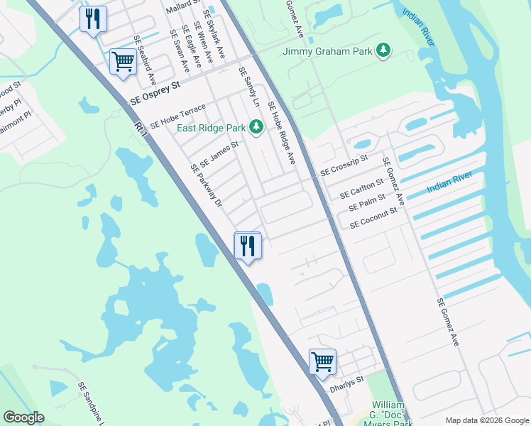 map of restaurants, bars, coffee shops, grocery stores, and more near 7790 Southeast Sugar Sand Circle in Hobe Sound